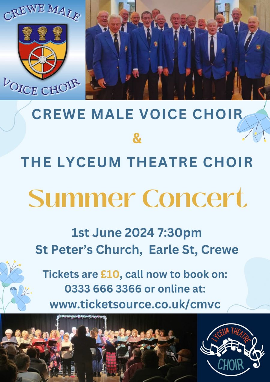 Poster of 1st of June 2024 Concert at St Peters Church Earle Street Crewe. Tickets are £10 and on sale at www.ticketsource.co.uk/cmvc